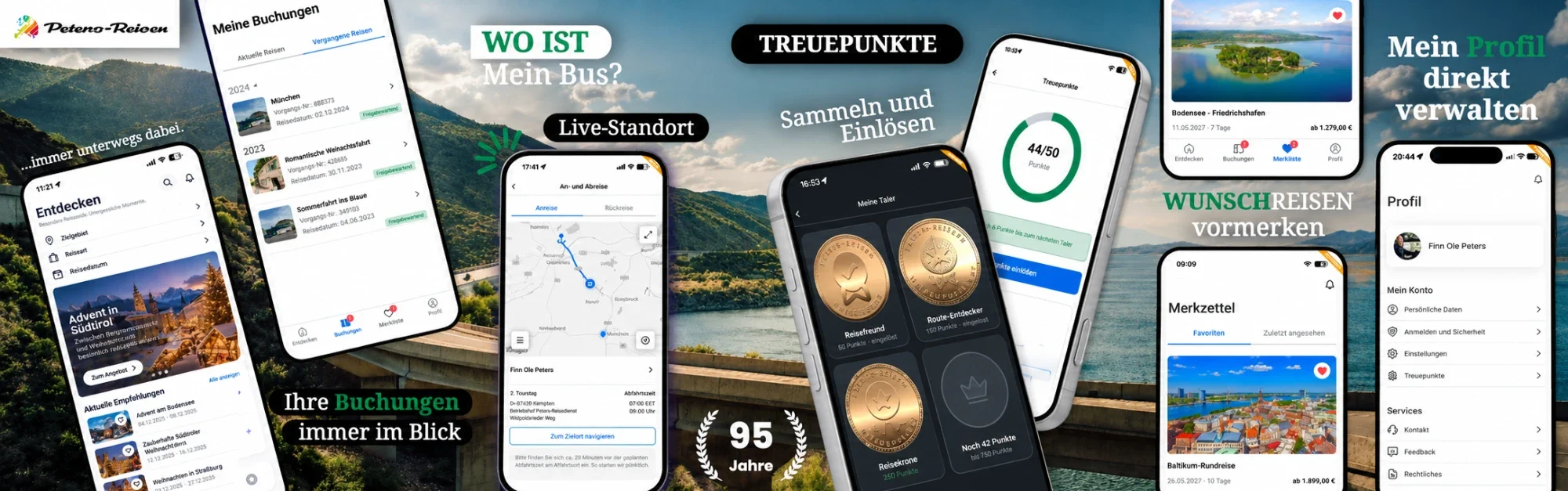 Überblick der Peters-Reisen App: Buchungen, Live-Standort des Busses, Treuepunkte, Merkzettel für Wunschreisen und Profil